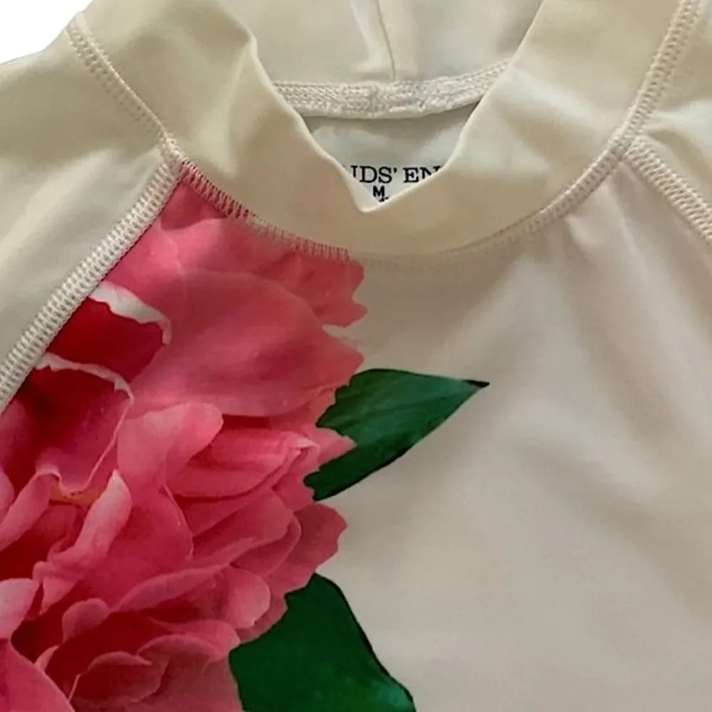Land’s End Swim Flower Print Mock Neck Rash Guard Girls M(10-12) White & Pink